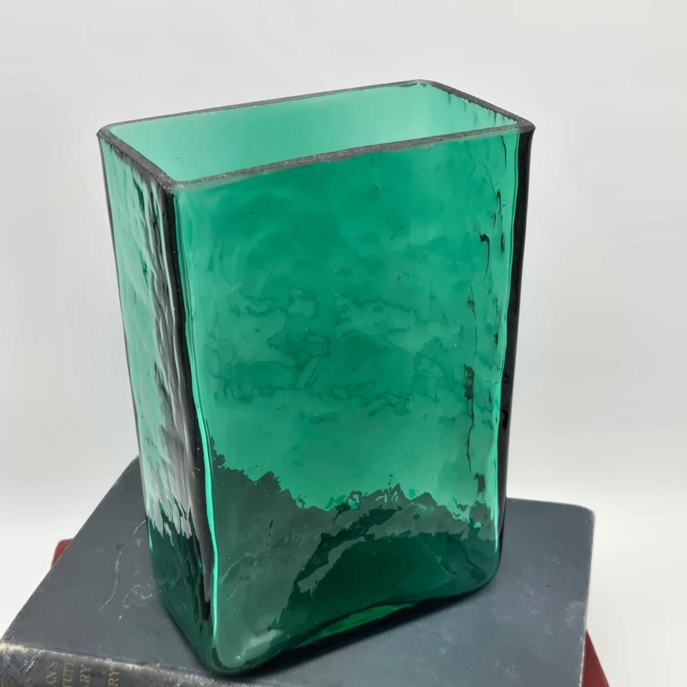 Vintage Early Blenko 3732 Pillow Vase Sea Green Textured Rectangular Art Glass